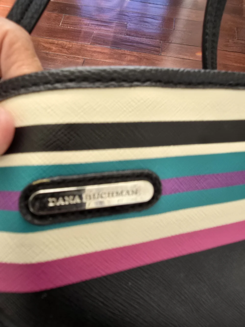 Dana Buchman Black Tote with Pink, Teal & Cream Stripes